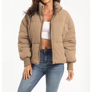 Camel Tan Zip Up Turtleneck Puffer Cropped Jacket Size Small